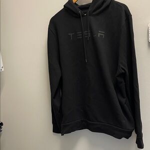 Tesla Black Minimal Logo Pullover Hoodie with pockets.
